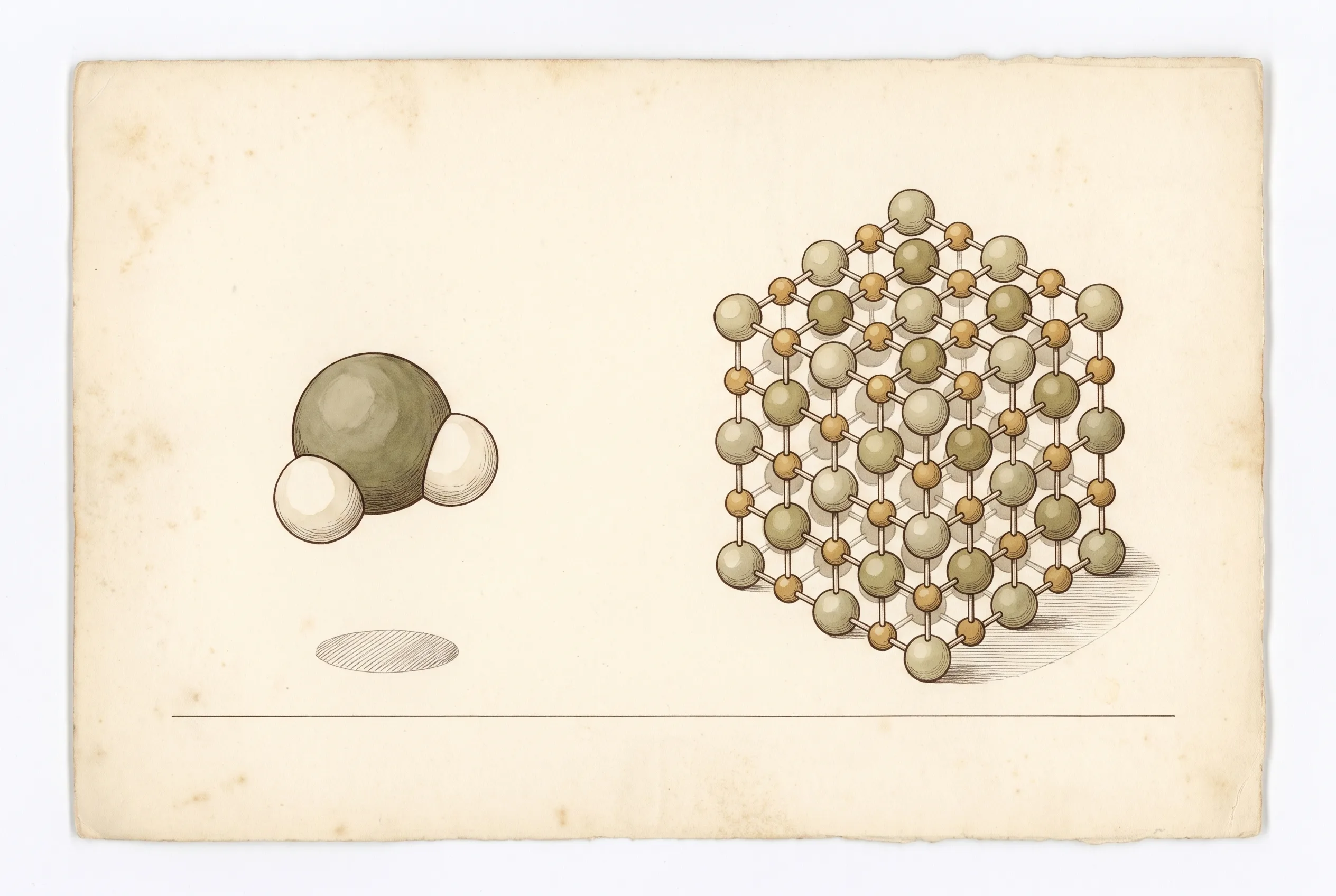 A single bent water molecule alone at left; at right a cut-away cube of salt lattice, larger chloride and smaller sodium spheres alternating in a regular array.