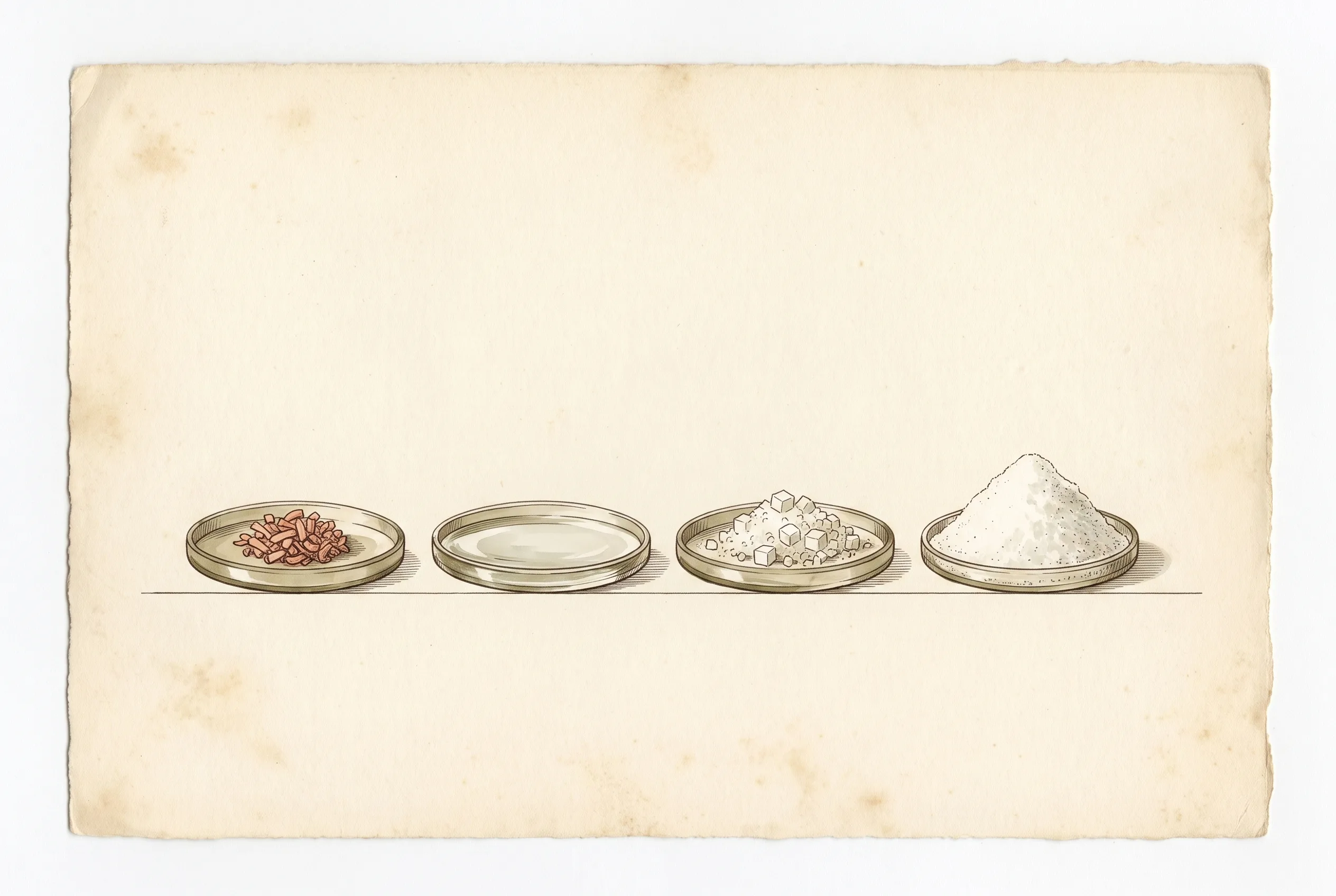 Four identical watch glasses in a row, each holding one mole: a small heap of copper turnings, a shallow pool of water, a low heap of salt crystals, and a tall mound of powdered sugar.