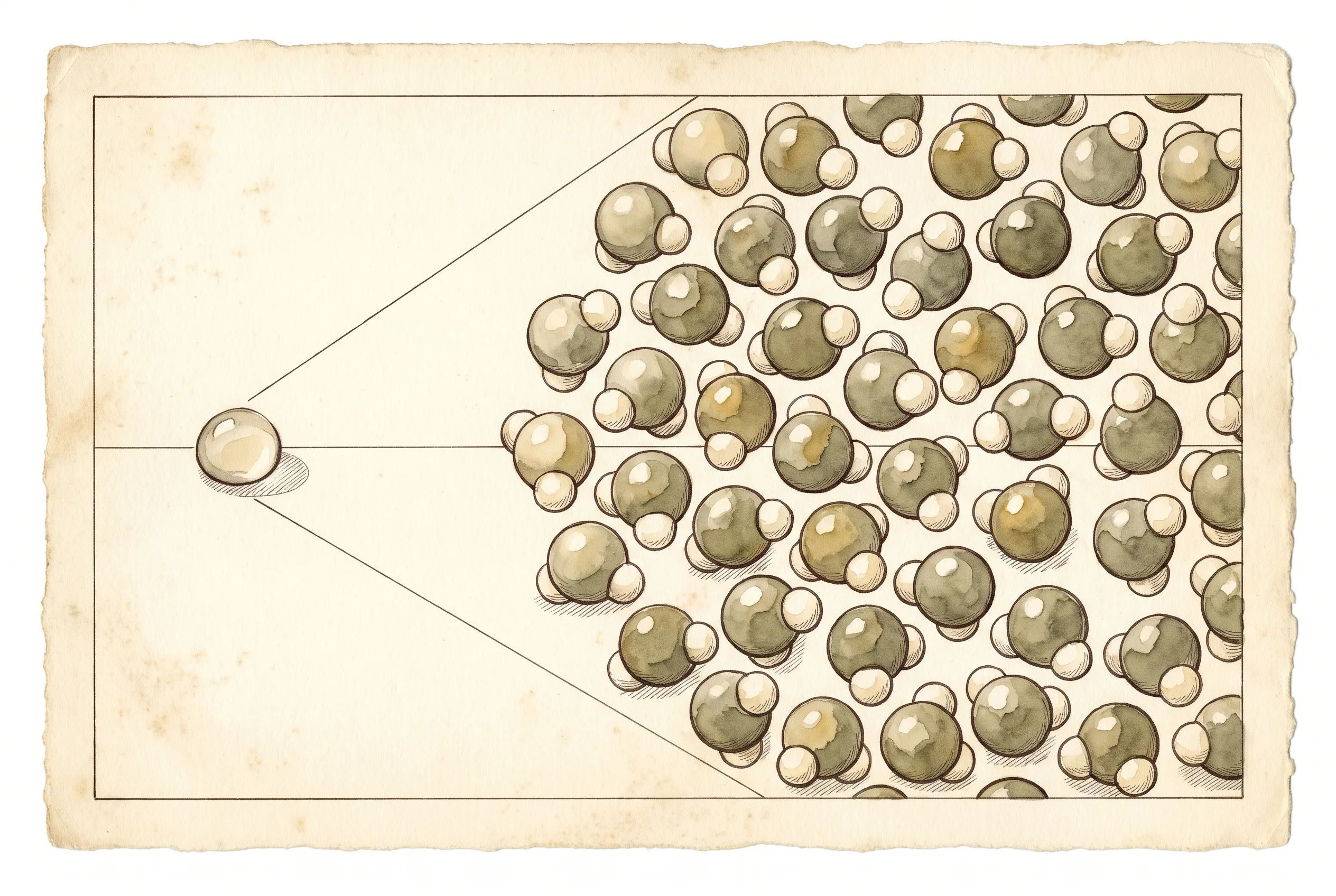 A single water droplet at left, magnification lines opening to the right, and a dense field of individual water molecules running off the right edge of the paper.