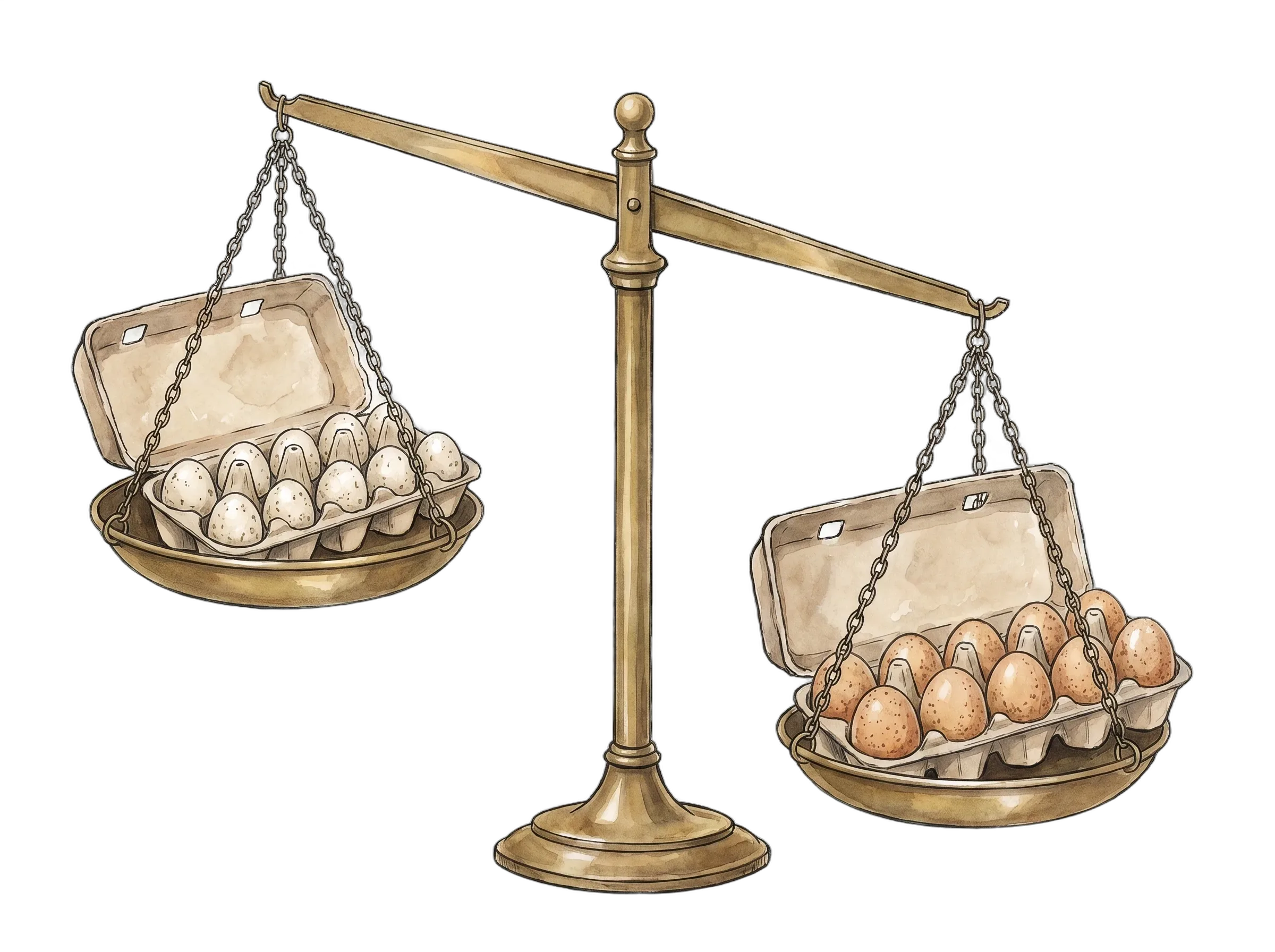 A brass balance scale. The pan holding a carton of small light eggs rides high; the pan holding a carton of large heavy eggs sinks low. Each carton holds the same number of eggs.