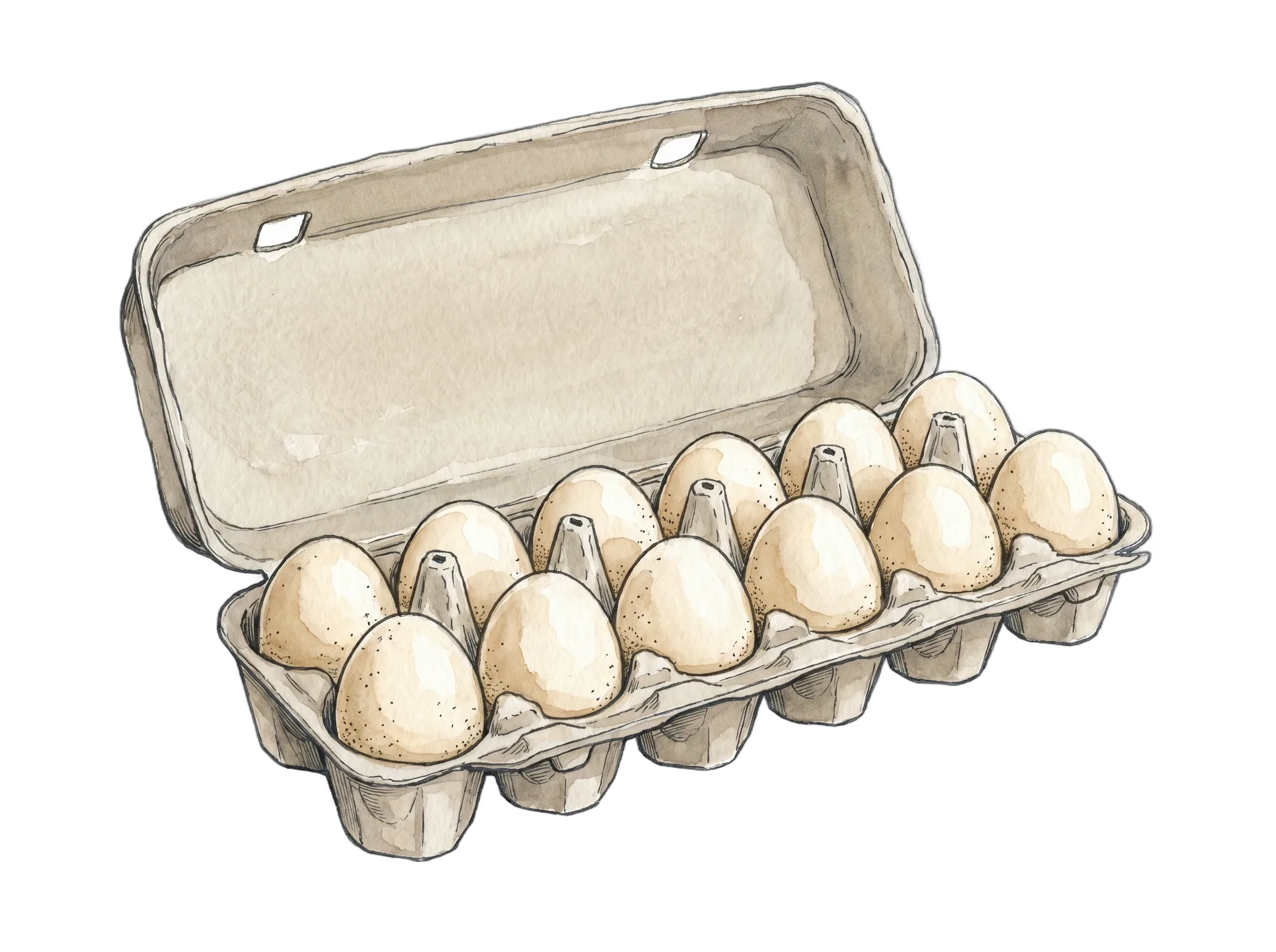 An open carton of a dozen identical cream-colored eggs.