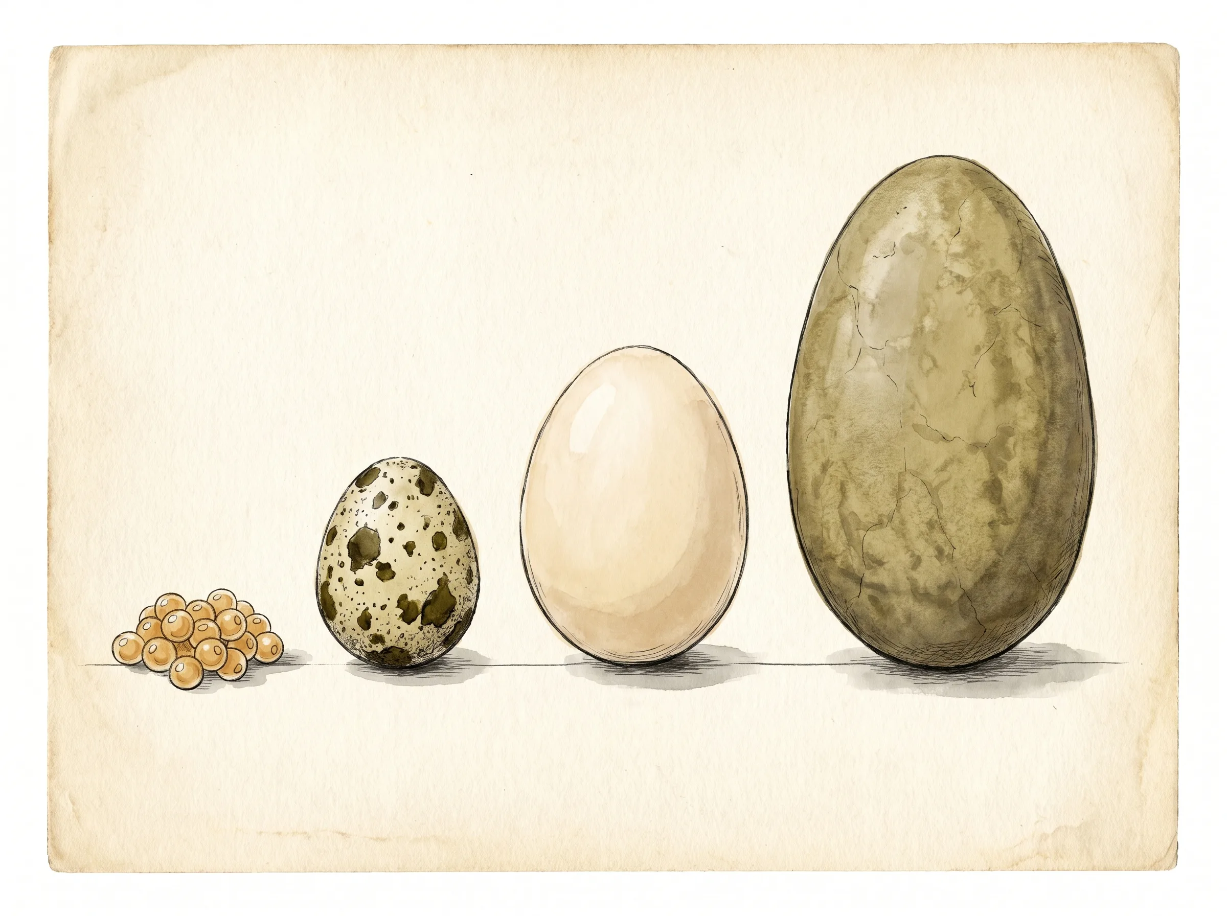 A naturalist's specimen plate: a tiny cluster of fish roe, a small speckled quail egg, a medium cream hen egg, and an enormous leathery pterosaur egg, lined up smallest to largest.