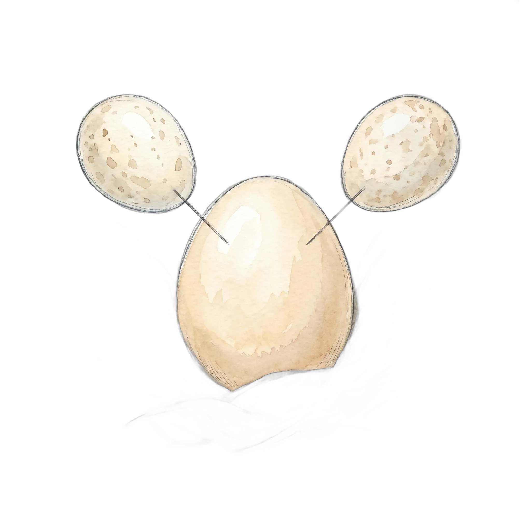 Two small eggs and one larger egg nestled together in the bent shape of a water molecule.