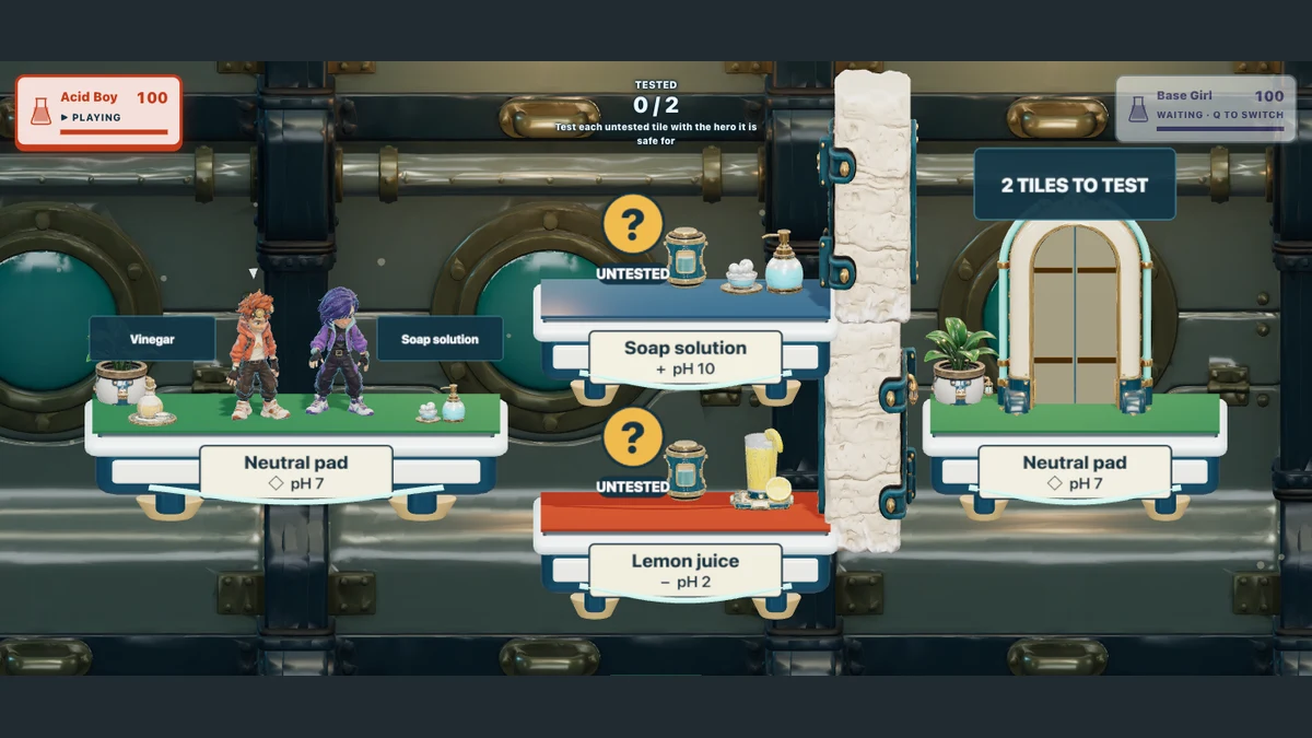 Acid Boy & Base Girl’s Reaction Lab: both heroes on the neutral starting pad, with lemon juice, soap solution, and a limestone wall ahead