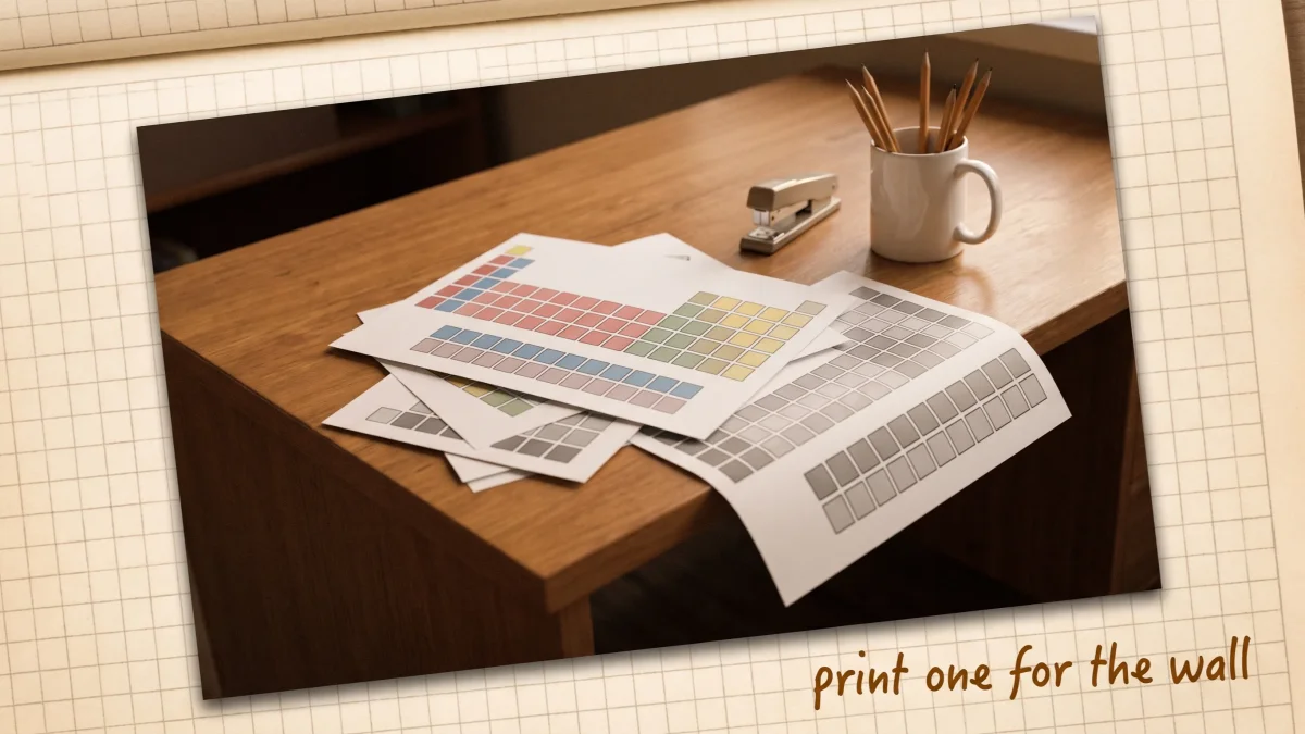 Freshly printed periodic table charts fanned on a desk beside a stapler and a mug of pencils, ready for a classroom wall