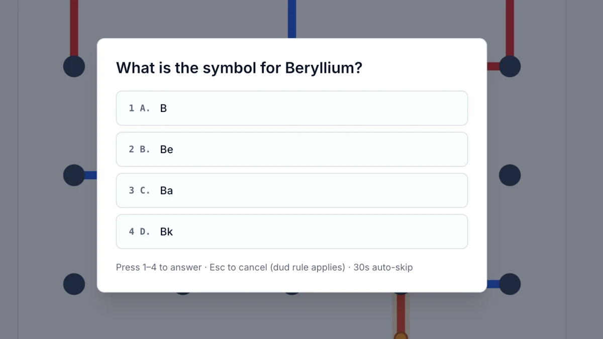 The Bond Forge question gate mid-match: a card asks for the symbol for Beryllium with four choices, B, Be, Ba, and Bk, over the dimmed board