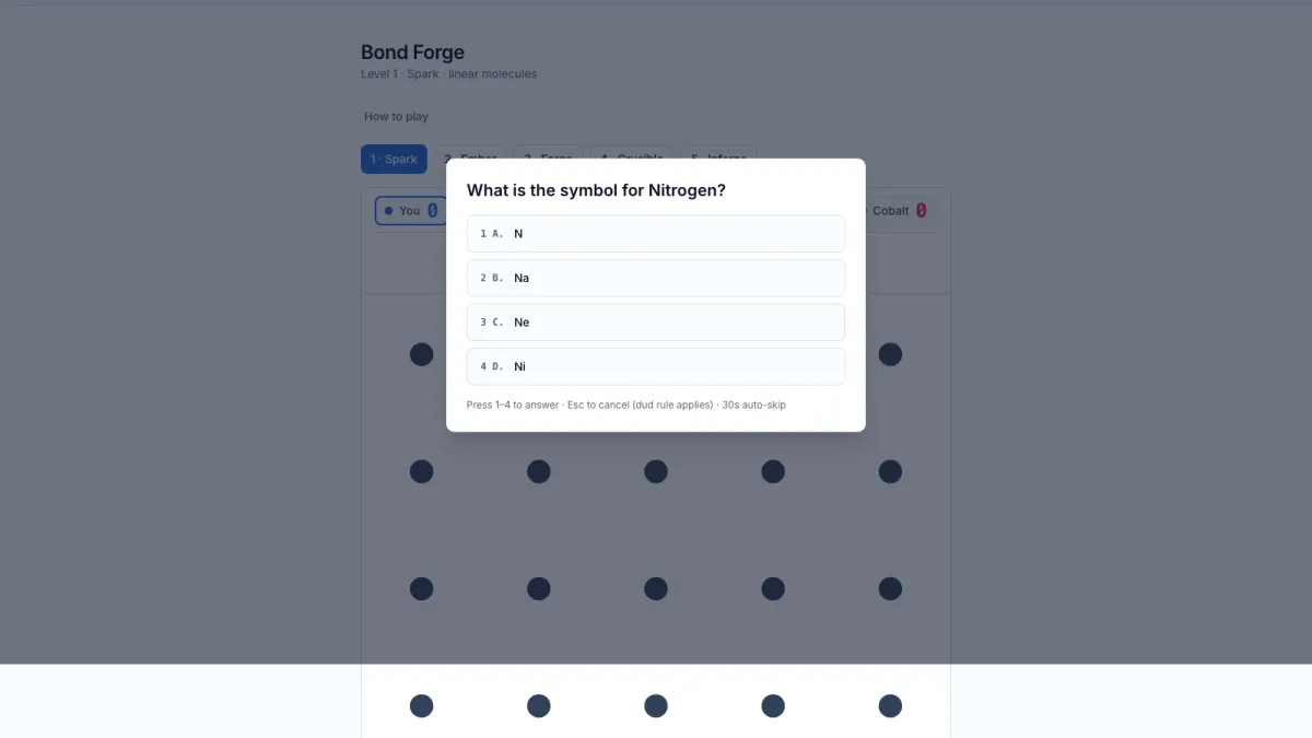 Bond Forge: answer a chemistry question correctly to draw a bond in a match against Cobalt