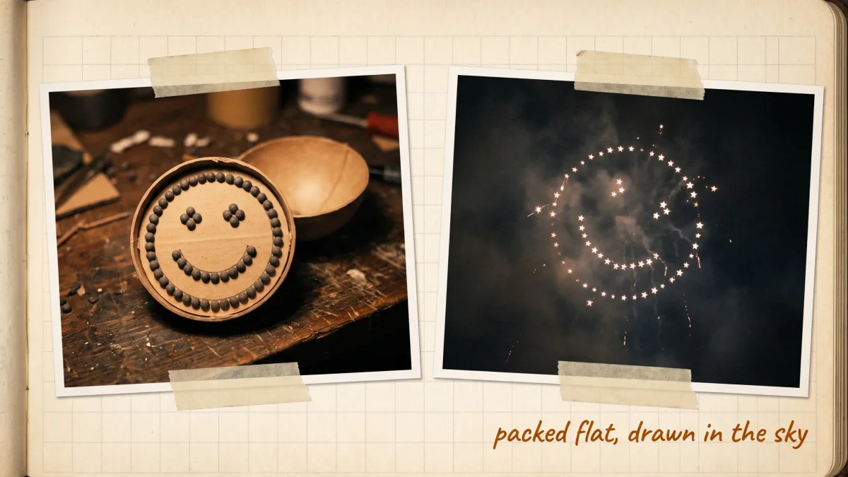 A cut-open firework shell with stars glued to its cardboard insert in a tidy smiley-face pattern, beside the same smiley bursting crooked in the night sky, ring uneven and smile sagging