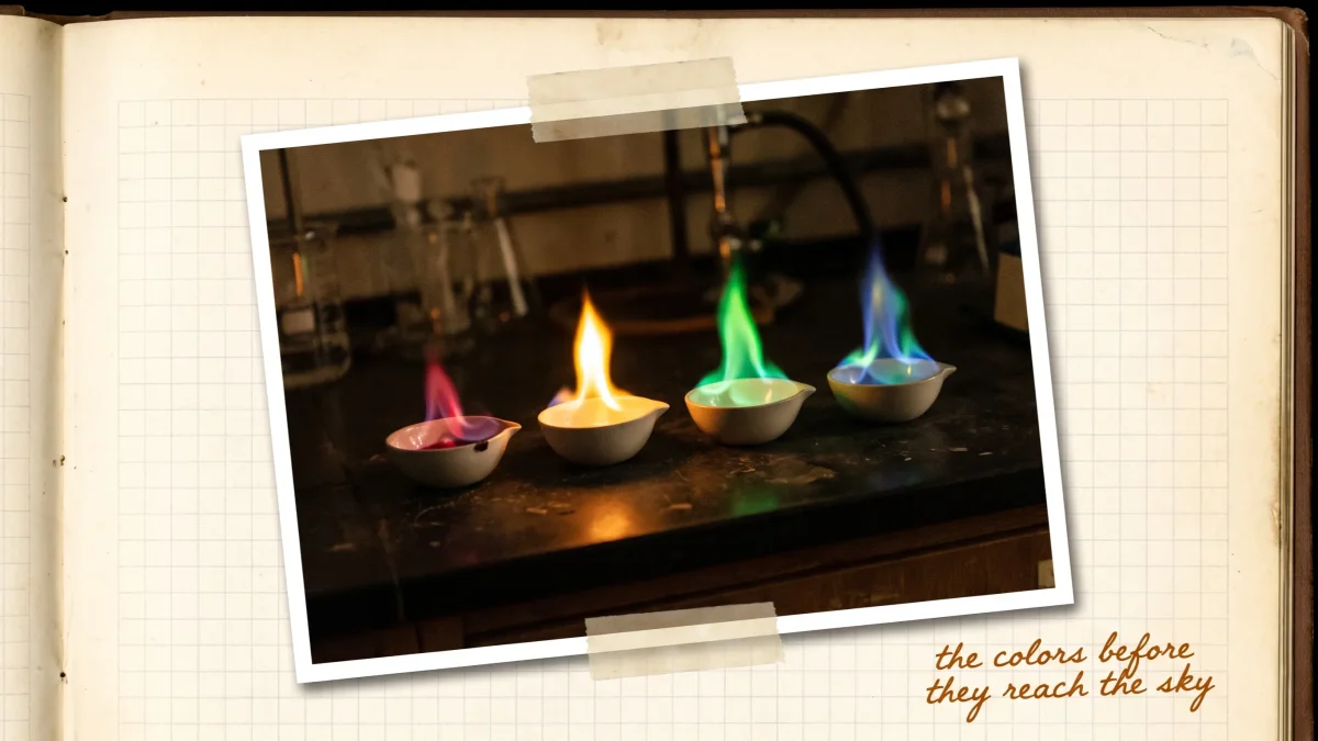 Flame tests on a chemistry lab bench: four evaporating dishes burning strontium red, sodium yellow, barium green, and copper blue