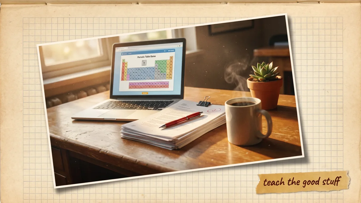 A chemistry teacher's desk at dawn: a laptop open to a periodic-table game, a stack of graded papers with a red pen, a steaming mug of coffee, and a small succulent, with warm morning light through a classroom window.