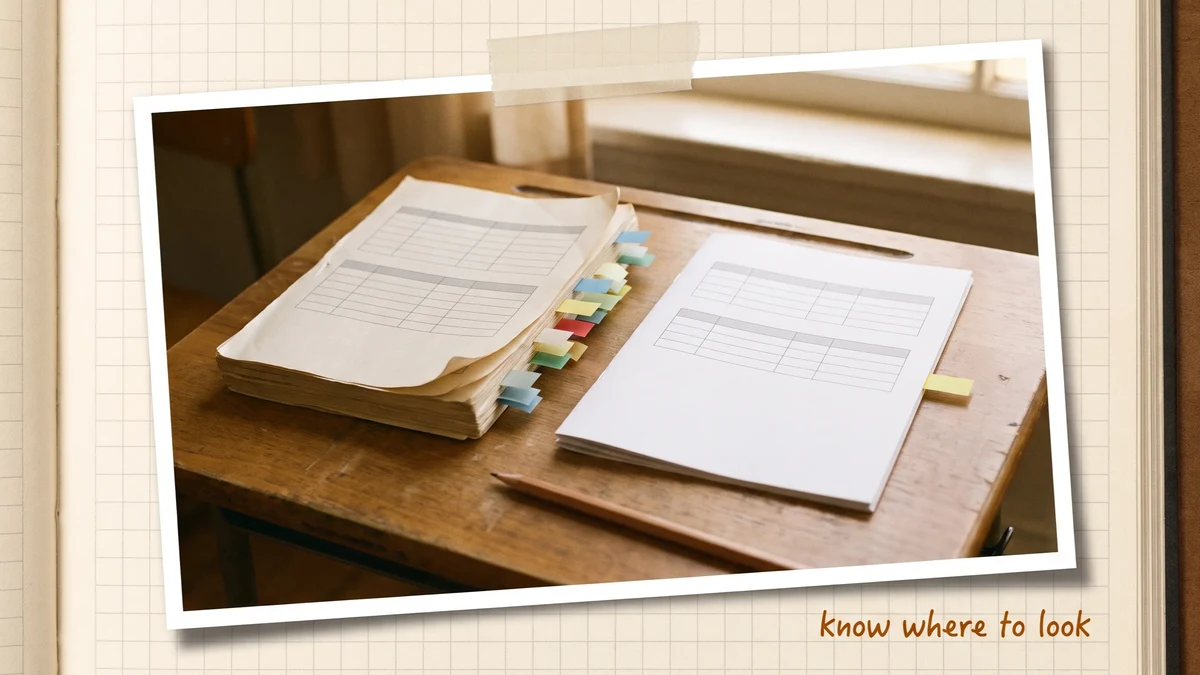 A thick, well-thumbed reference packet bristling with colored sticky flags beside a thin four-page set with one yellow flag, as stand-ins for the 2011 and 2025 Chemistry Regents reference tables