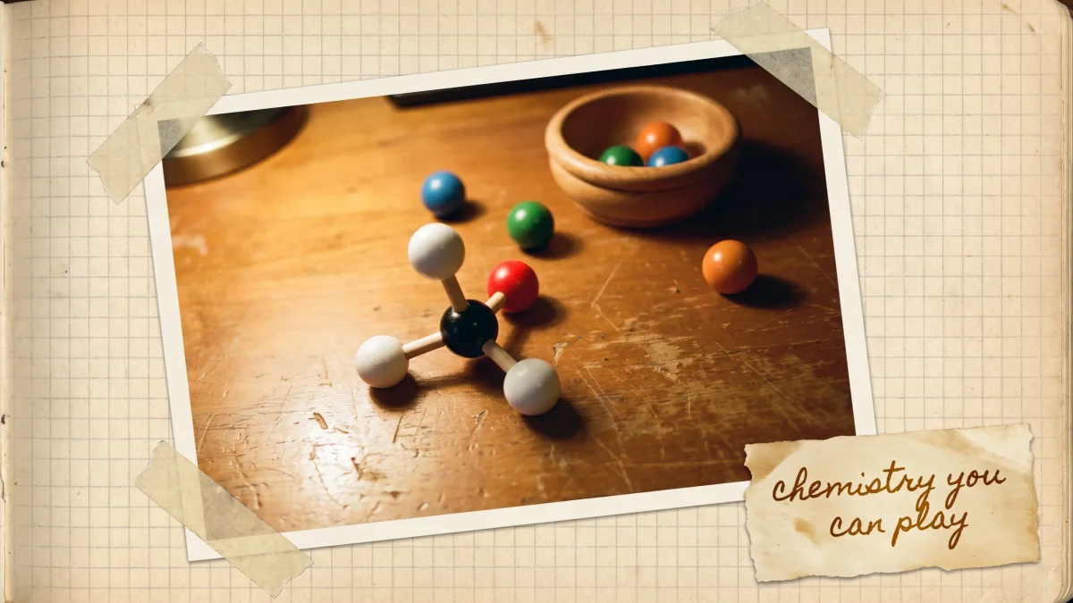 A half-built molecular model of colored spheres joined by rods on a wooden desk, with loose colored spheres scattered beside it like game pieces