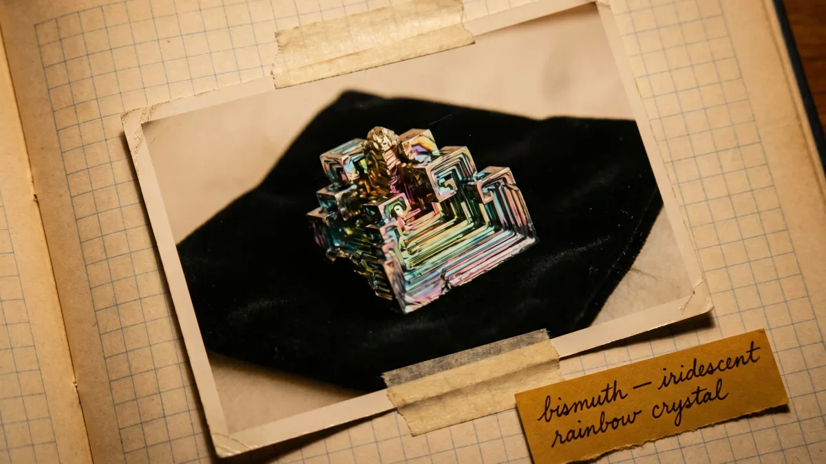 A lab-grown bismuth hopper crystal with iridescent pink, blue, and gold stepped facets