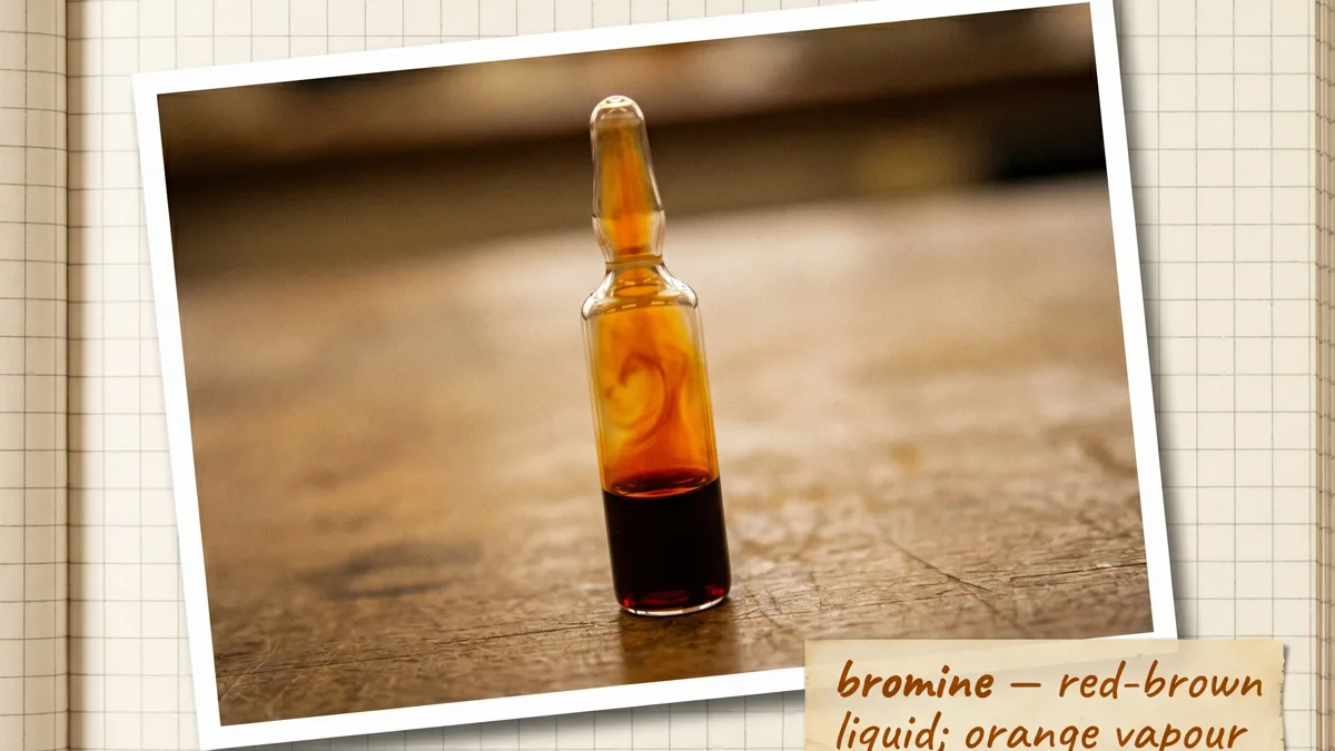A sealed glass ampoule of dark red-brown liquid bromine with orange-brown vapor above it