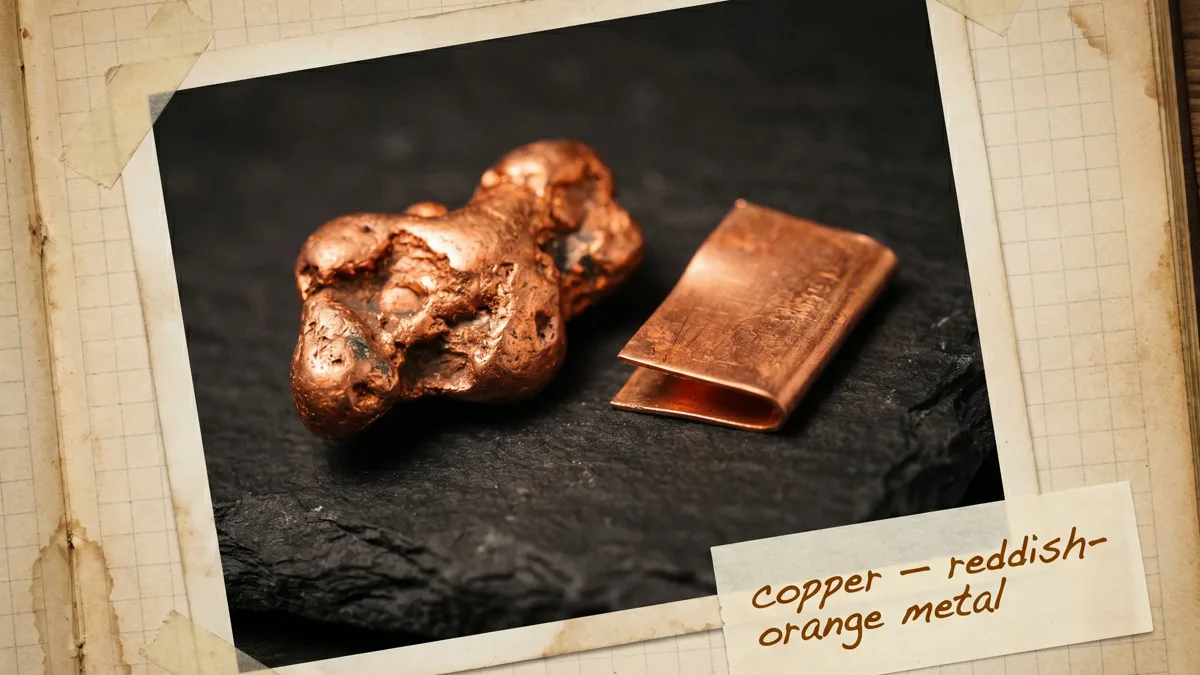 A raw copper nugget and folded sheet, reddish-orange with a bright luster