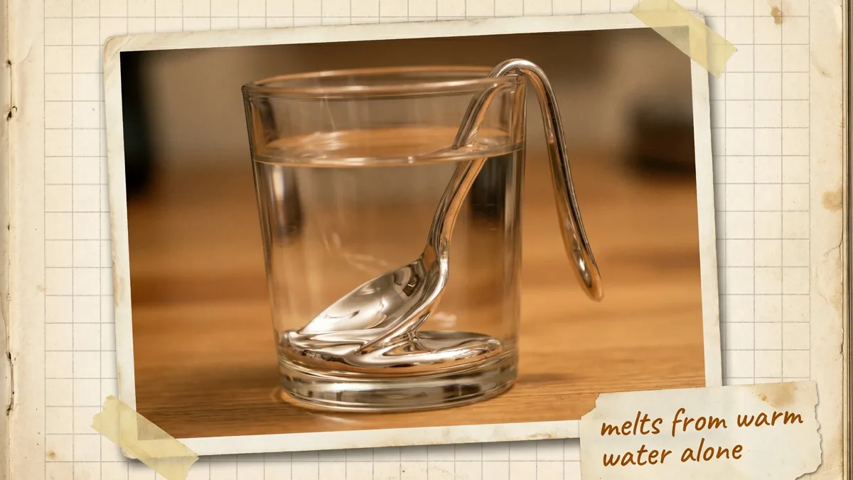 A silvery gallium spoon drooping as it melts inside a glass of warm water