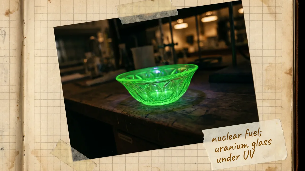 Vintage green uranium glass glowing vivid fluorescent green under ultraviolet light