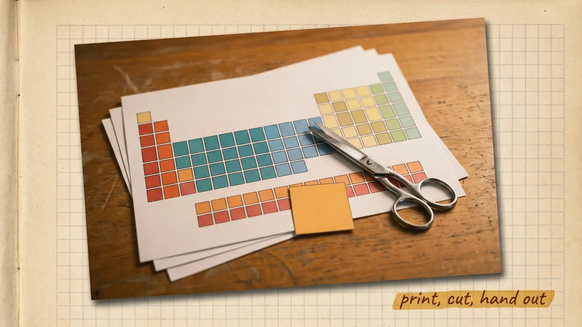 Overhead view of a printed periodic table chart shown as colored chemical-family blocks, with classroom scissors and a blank element card resting on it, on a wooden desk