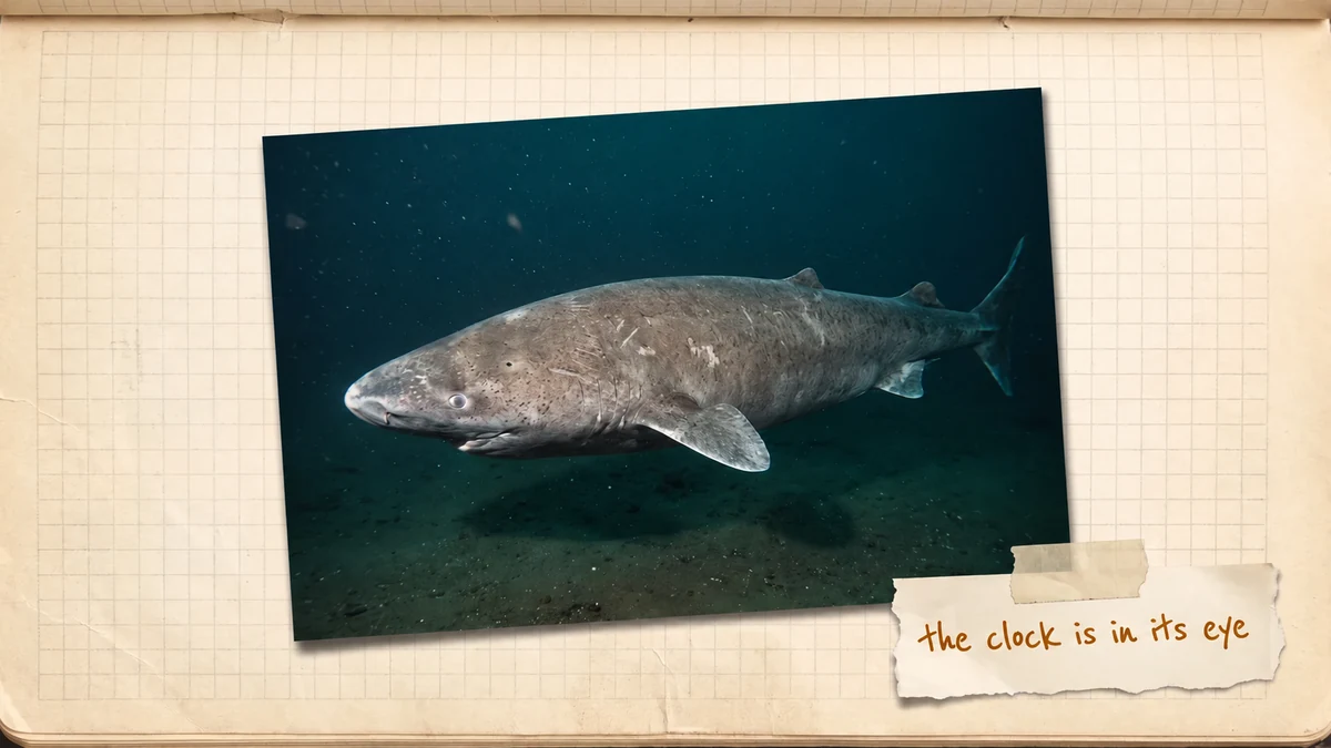 A Greenland shark cruising just above a silty Arctic seabed in dark blue-green water: a heavy gray body with a blunt snout, a small pale eye and two small dorsal fins set far back