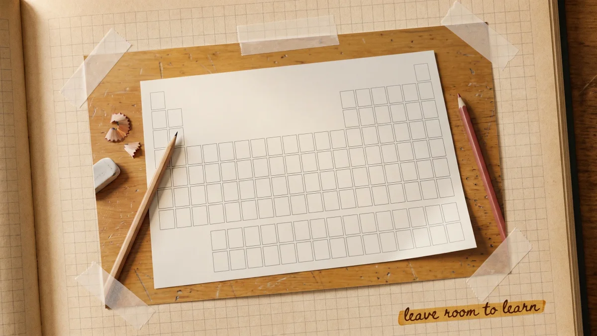 A blank periodic table worksheet with graphite and red pencils, photographed on a desk and pasted into a warm graph-paper notebook