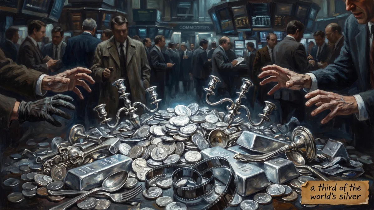 A 1980 trading pit in uproar as a wall board shows the silver price crashing, with stacks of silver bars in the foreground, the day the Hunt brothers’ corner broke