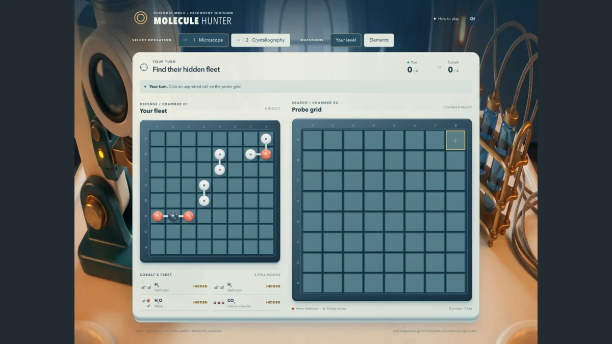 Molecule Hunter’s scanning observatory: a molecular fleet beside the target grid, ready for a chemistry-gated probe