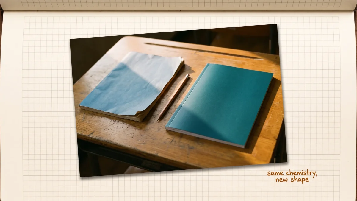 A worn faded exam booklet and a crisp new teal one side by side on a school desk, a sharpened pencil between them
