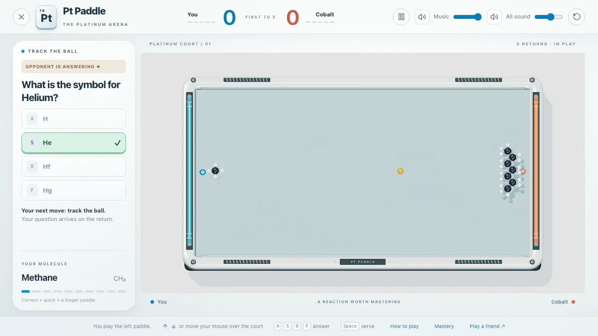 A Pt Paddle rally in the Platinum Arena: the amber ball crosses the court toward Cobalt's long molecular paddle while the side panel asks for the symbol for Helium and marks He correct