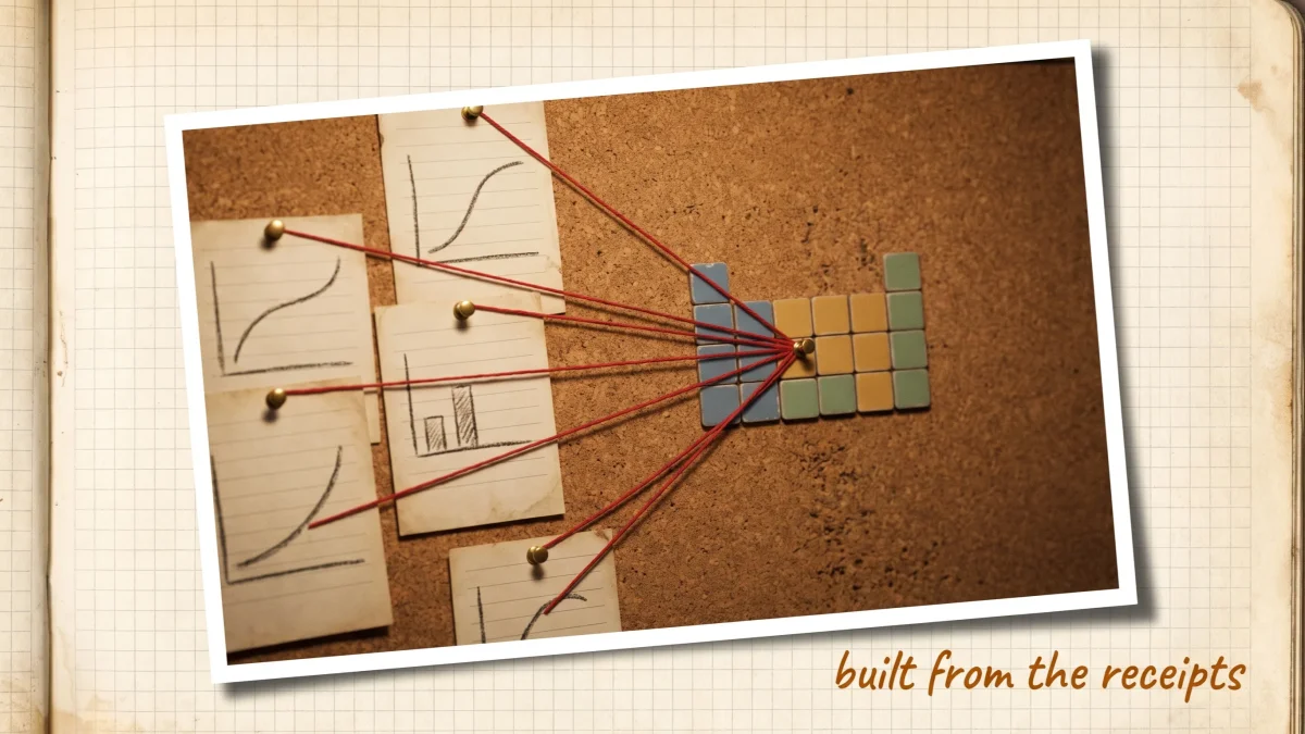 A corkboard of pinned research sketches with red threads converging on a cluster of color-coded tiles shaped like a periodic table corner