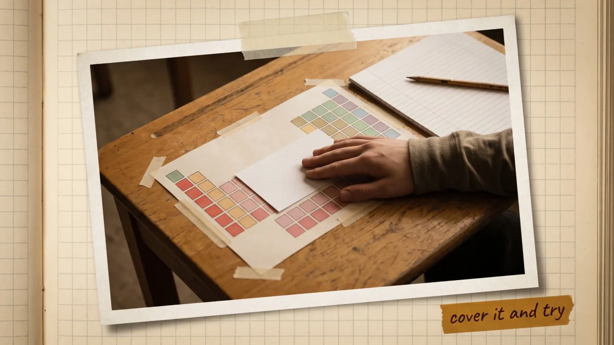 A student’s hand pressing a blank card over a color-coded periodic table chart taped to a desk, lined notebook and pencil waiting beside it
