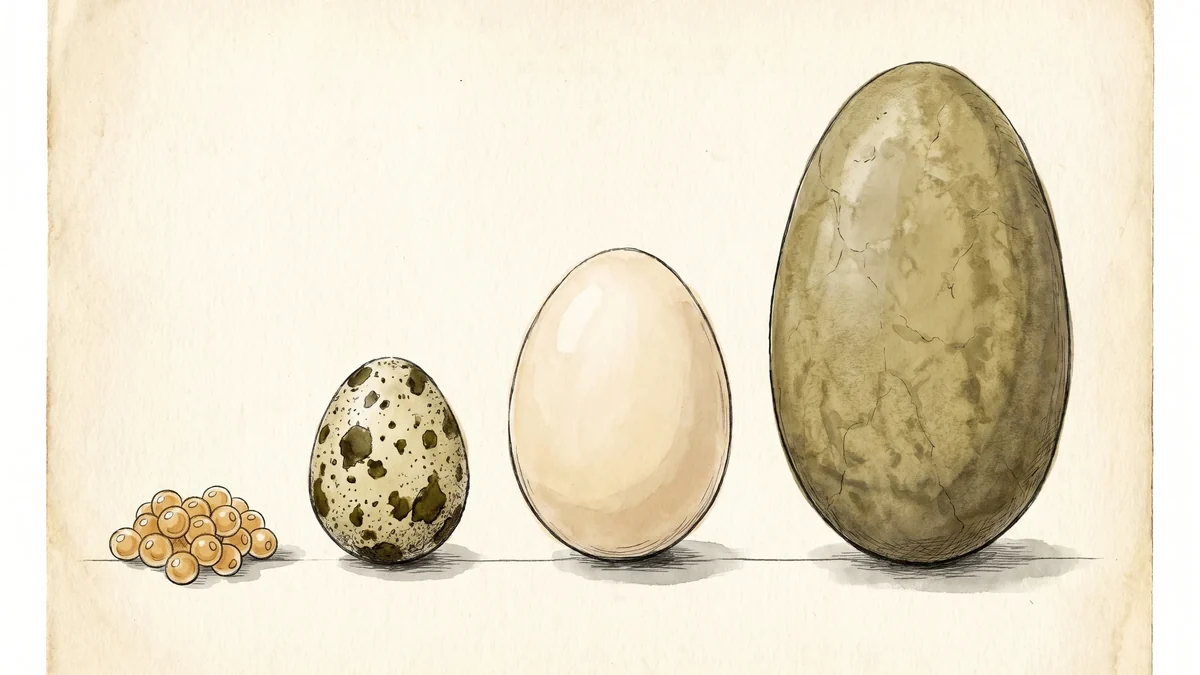 Four eggs in a row, smallest to largest: fish roe, a quail egg, a hen egg, and a giant pterosaur egg, standing in for atoms of different mass
