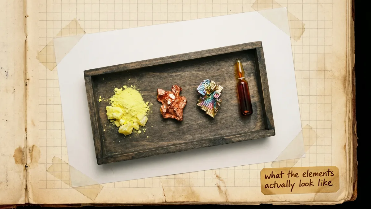 A lab-notebook tray of element specimens: canary-yellow sulfur, reddish copper, a rainbow bismuth crystal, and an ampoule of red-brown bromine