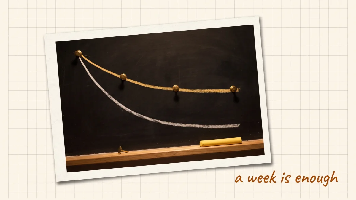 A chalkboard forgetting curve plunging across seven days, with a second, gentler curve held up by evenly spaced pins